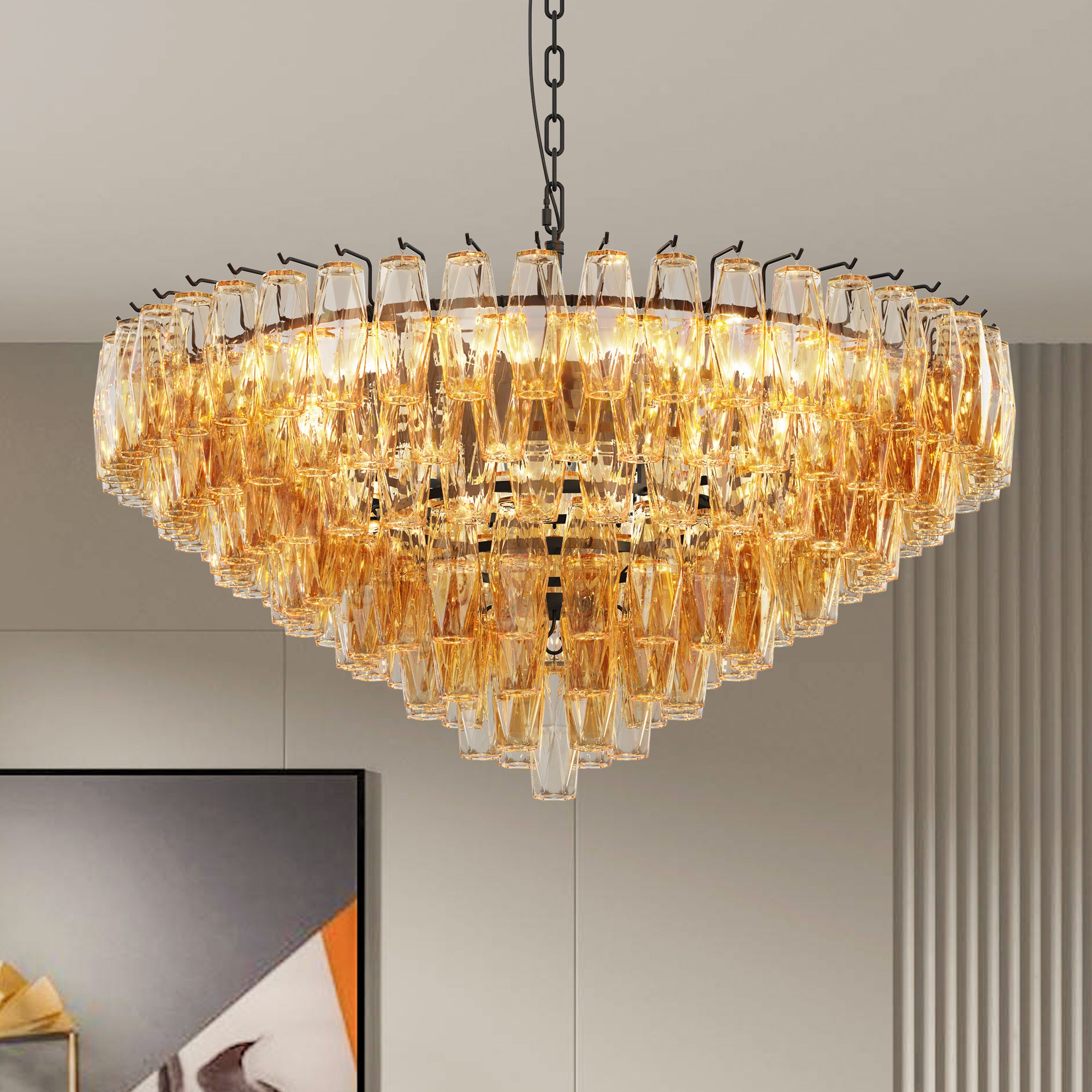 Modern 37" Extra Large Chandeliers 14-Light with Tiered Smoke Glass Tubes Ceiling Light Round and Rectangular