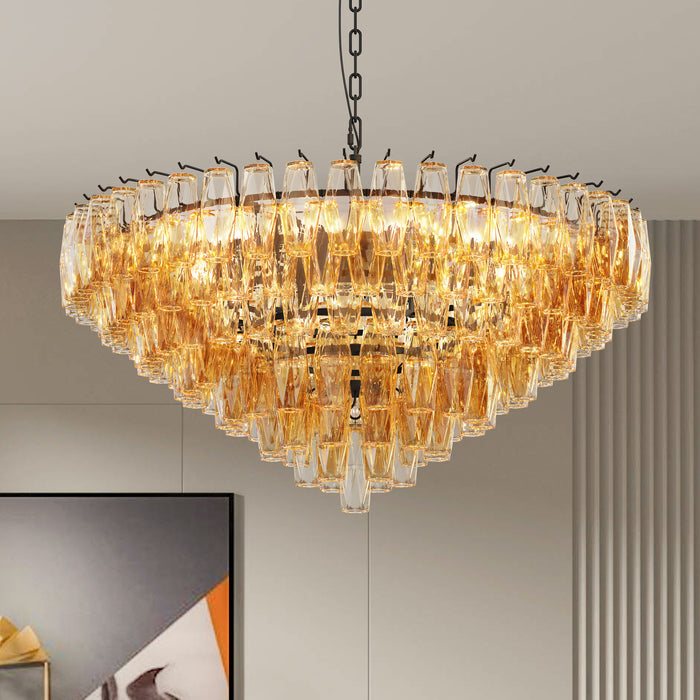 Modern 37" Extra Large Chandeliers 14-Light with Tiered Smoke Glass Tubes Ceiling Light Round and Rectangular