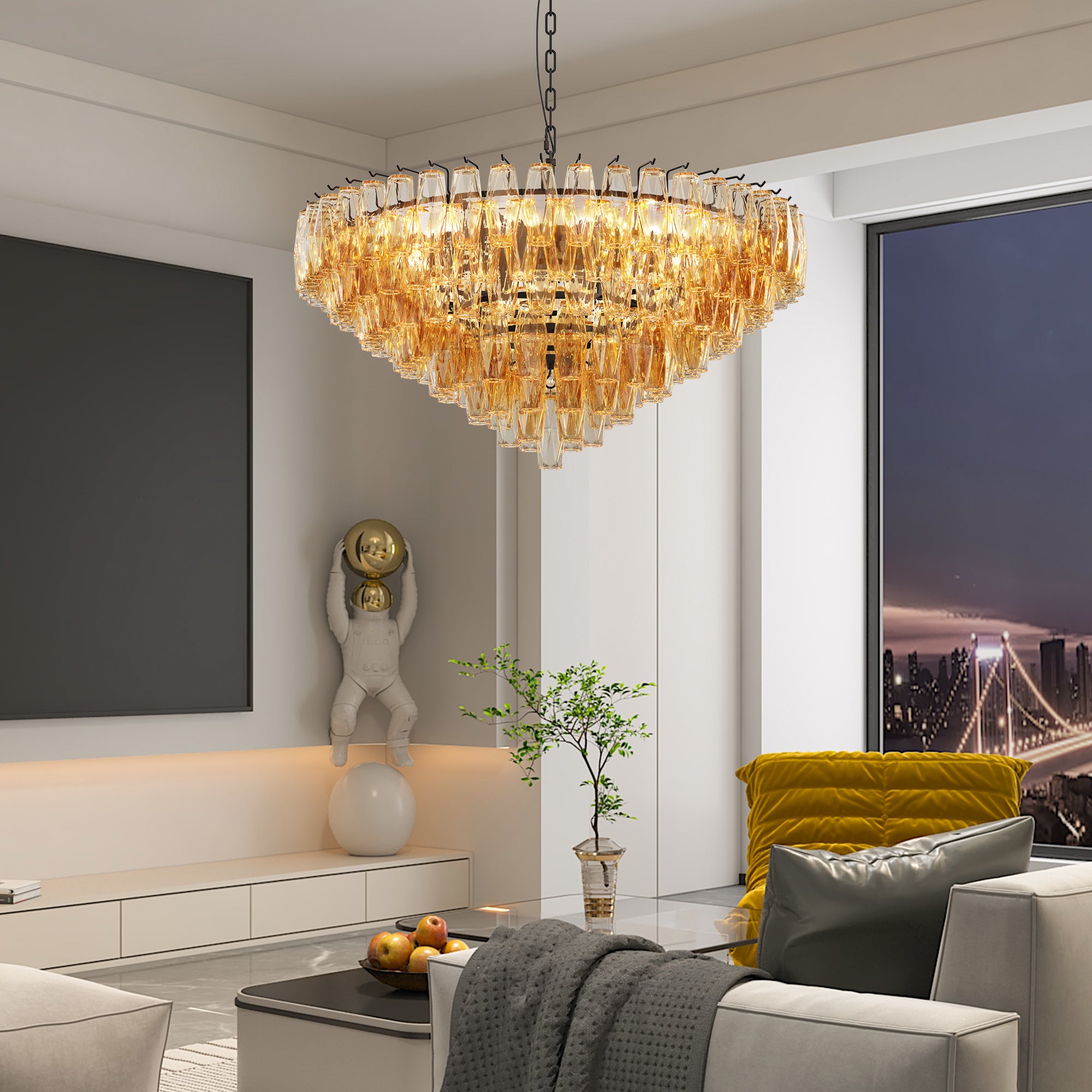 Modern 37" Extra Large Chandeliers 14-Light with Tiered Smoke Glass Tubes Ceiling Light Round and Rectangular