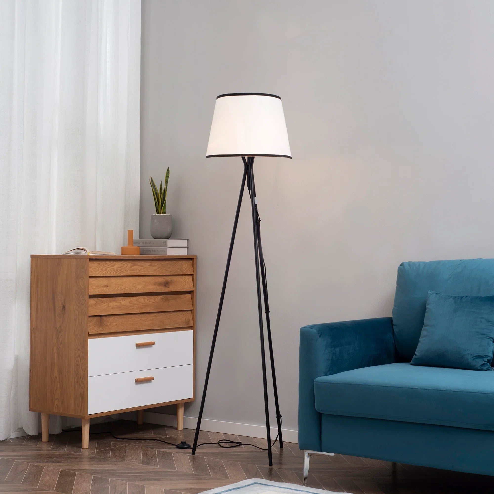 Modern Tripod Floor Lamp Free Standing Land Lamp Steel Frame Footswitch Fabric Lampshade and E26 Base - okeli lights