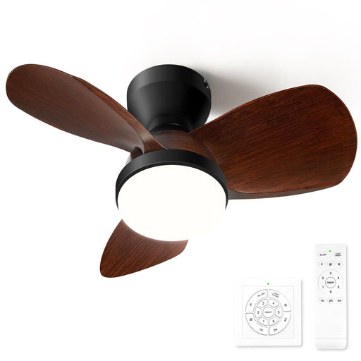 Ceiling Fan with Light Flush Mount, Small Low Profile 6-Speeds Quiet Reversible Timer, Wood Grain - okeli lights