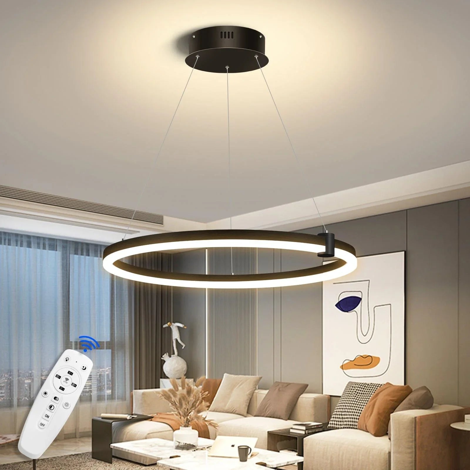 Modern LED Chandelier Circular Black 1-Ring Acrylic Adjustable - okeli lights