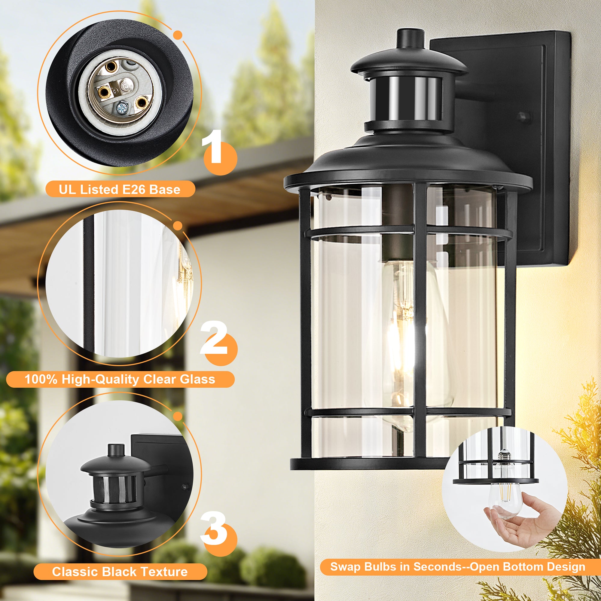 OKELI Motion Sensor Outdoor Wall Lights Dusk to Dawn Porch Light 3 Lighting Modes Waterproof Anti-Rust for House Porch Garage