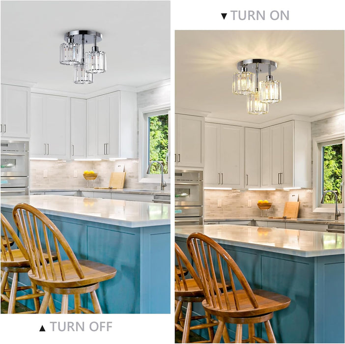 3-Light Kitchen Mount Hallway Light Fixtures Semi Flush Mount Ceiling with Clear Crystal Shades