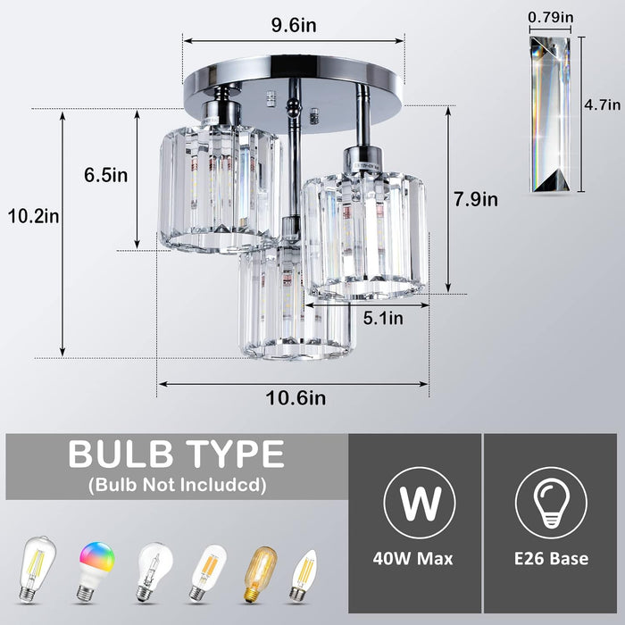 3-Light Kitchen Mount Hallway Light Fixtures Semi Flush Mount Ceiling with Clear Crystal Shades