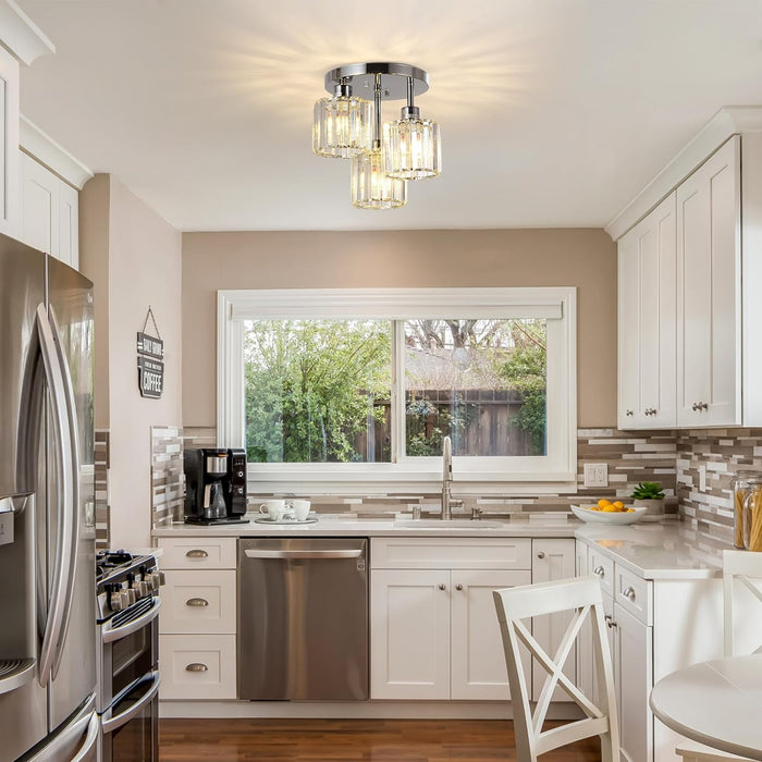 3-Light Kitchen Mount Hallway Light Fixtures Semi Flush Mount Ceiling with Clear Crystal Shades