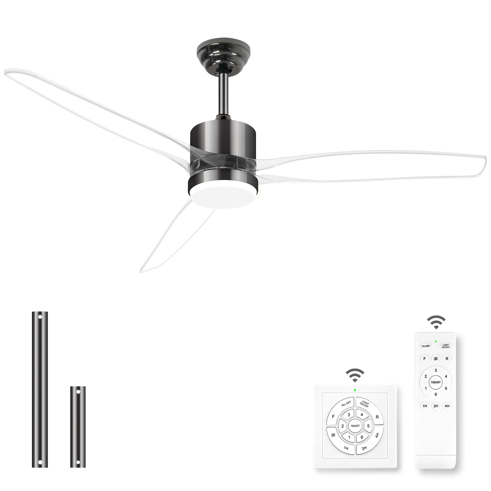 OKELI Clear Fan Blades Ceiling Fan with Light, 52 Inch Brushed Nickel Gold Black Transparent Ceiling Fans 3 Reversible Blade