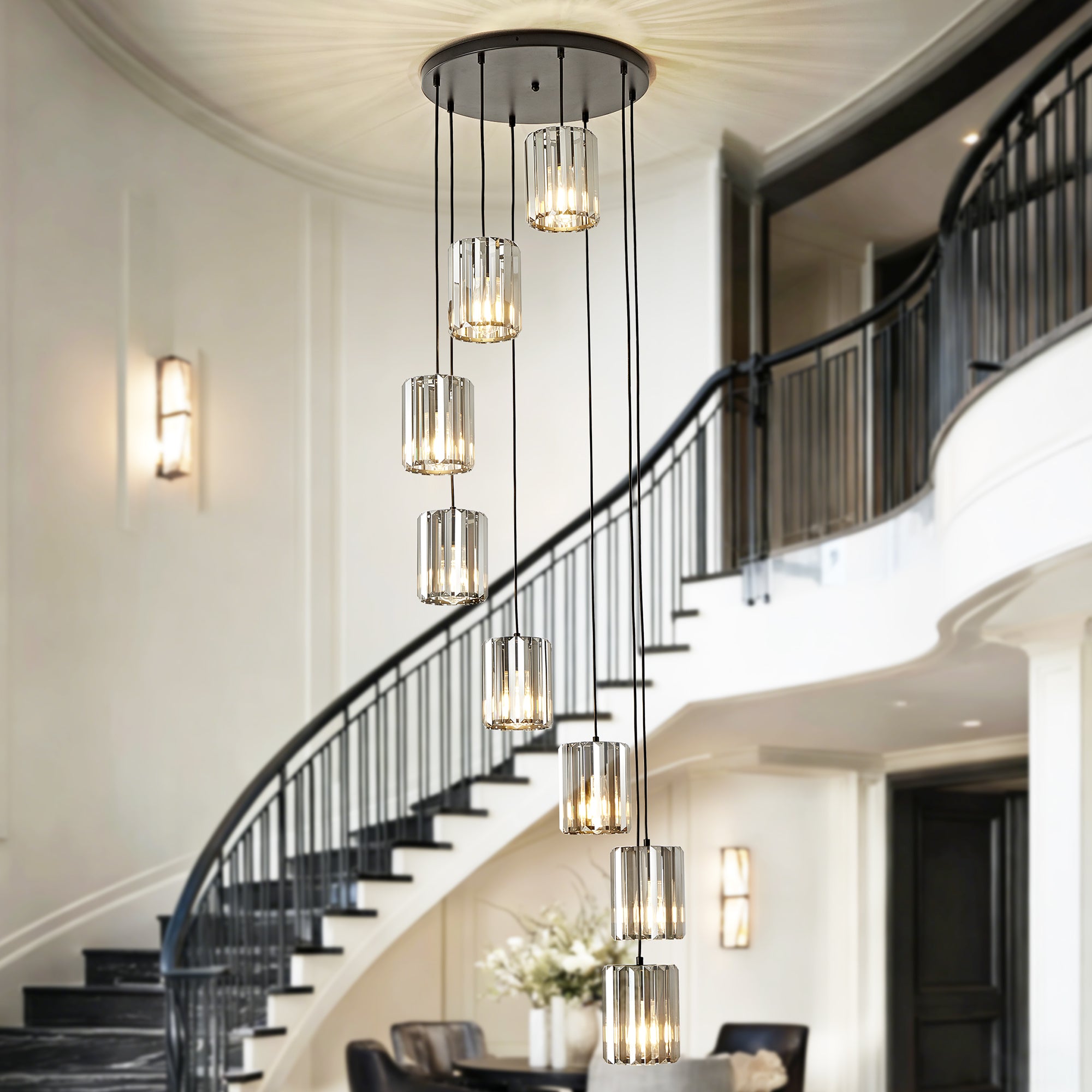 OKELI Modern Black Crystal Chandelier, 3/8-Light Long Crystal Pendant Light for High Ceilings Adjustable Hanging