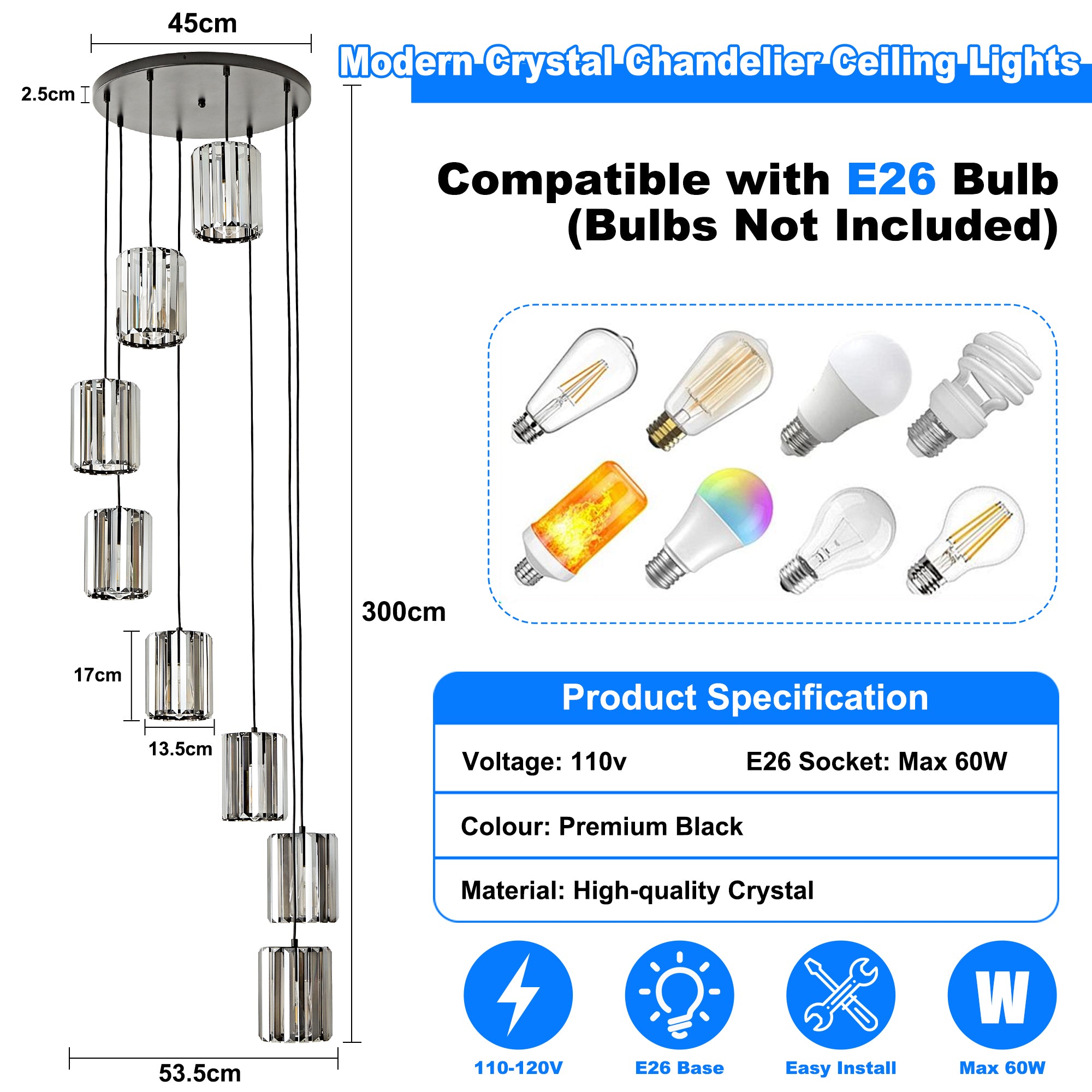 OKELI Modern Black Crystal Chandelier, 3/8-Light Long Crystal Pendant Light for High Ceilings Adjustable Hanging