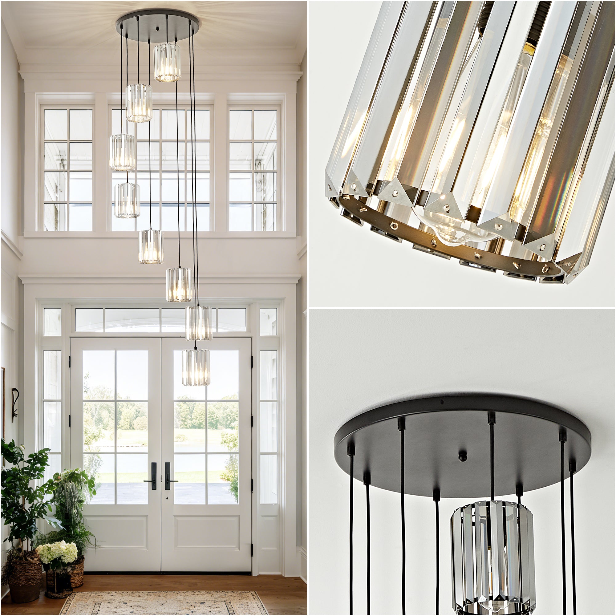 OKELI Modern Black Crystal Chandelier, 3/8-Light Long Crystal Pendant Light for High Ceilings Adjustable Hanging