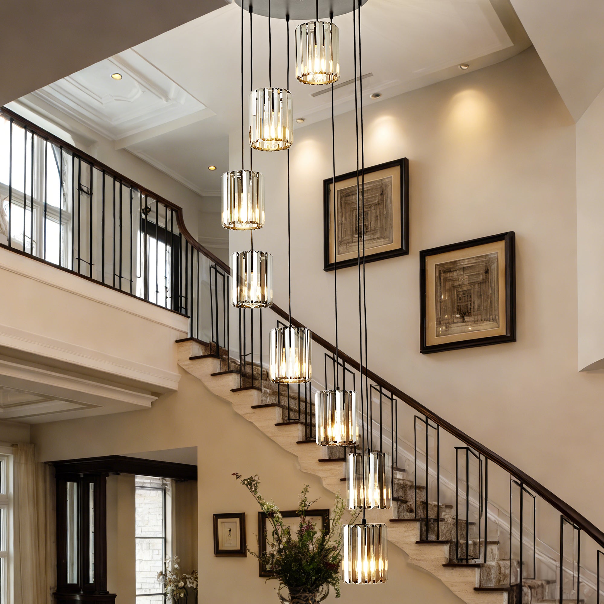 OKELI Modern Black Crystal Chandelier, 3/8-Light Long Crystal Pendant Light for High Ceilings Adjustable Hanging