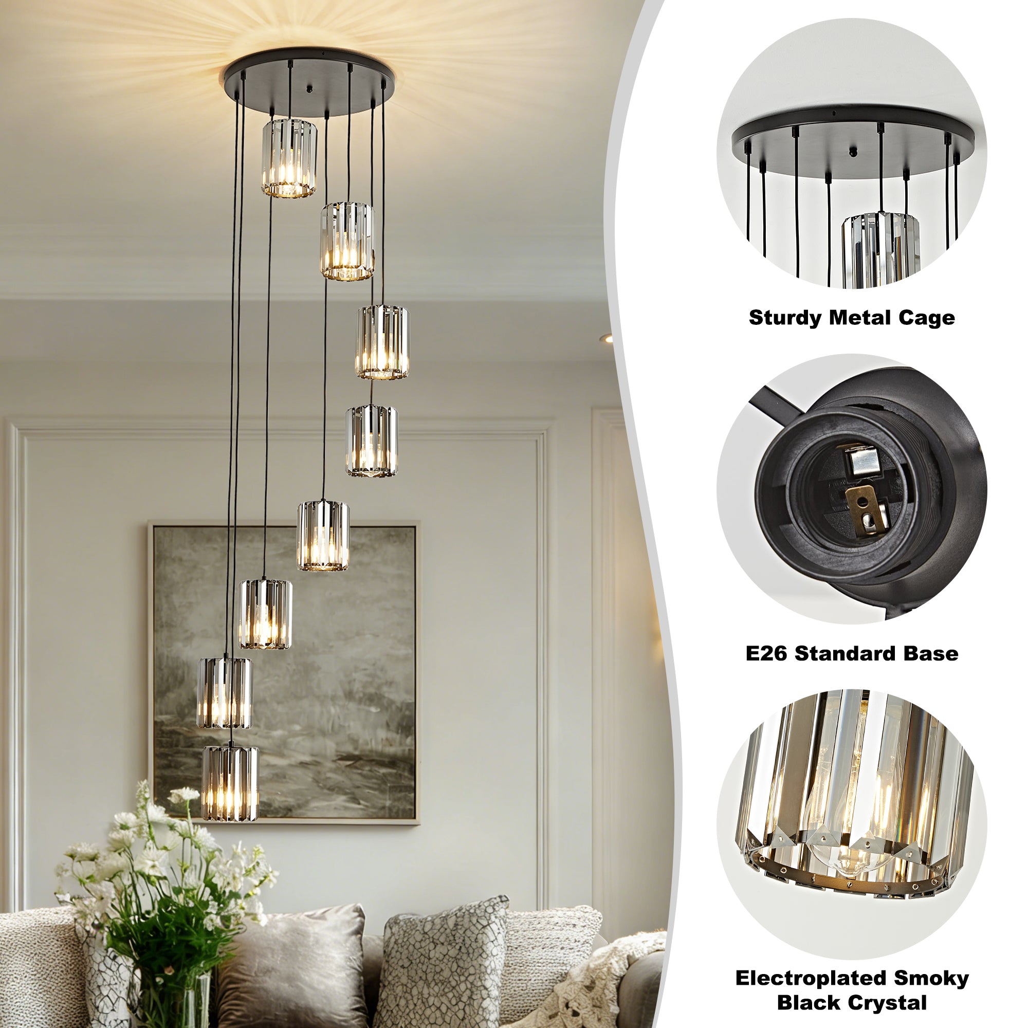 OKELI Modern Black Crystal Chandelier, 3/8-Light Long Crystal Pendant Light for High Ceilings Adjustable Hanging