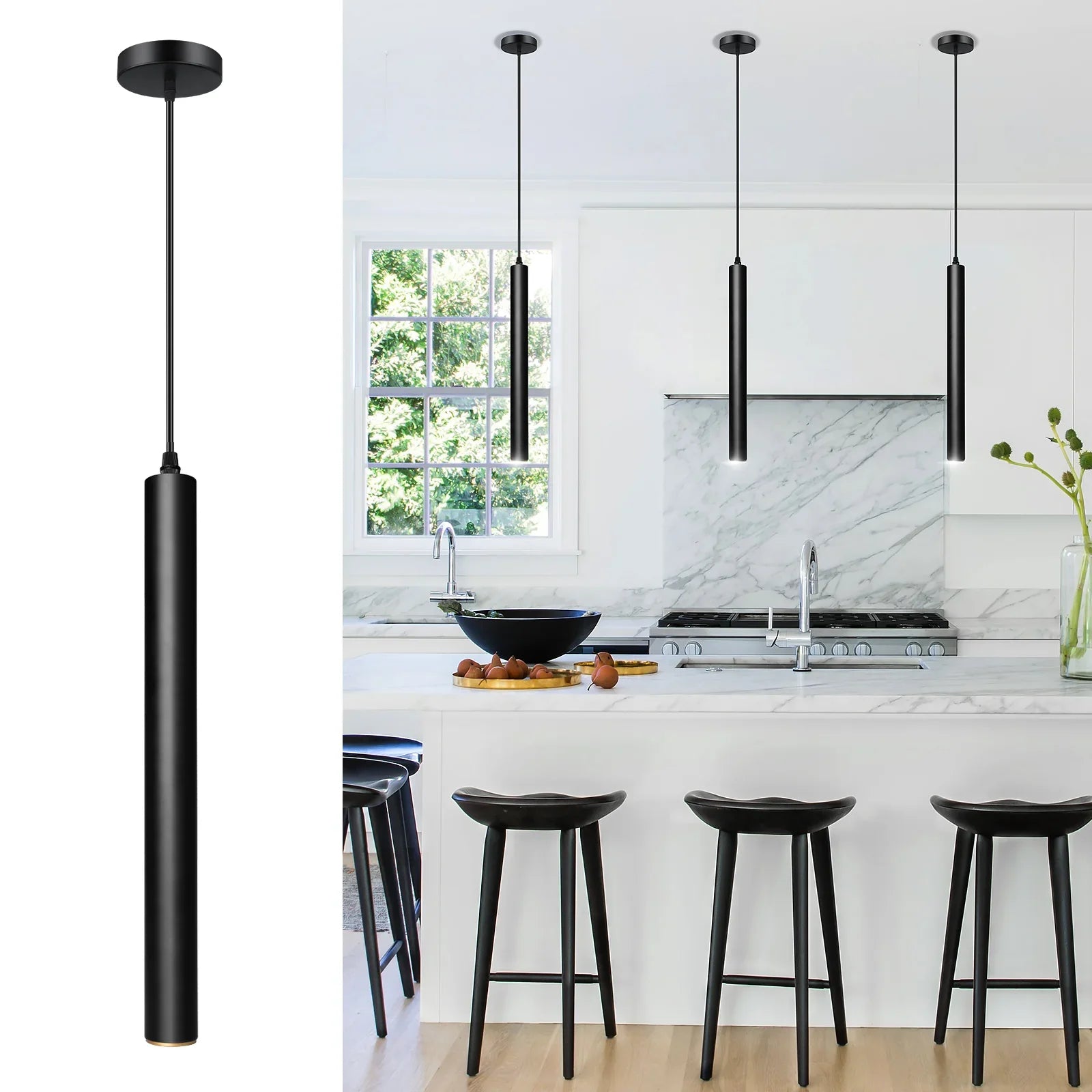 Modern kitchen with black pendant lights and stools.