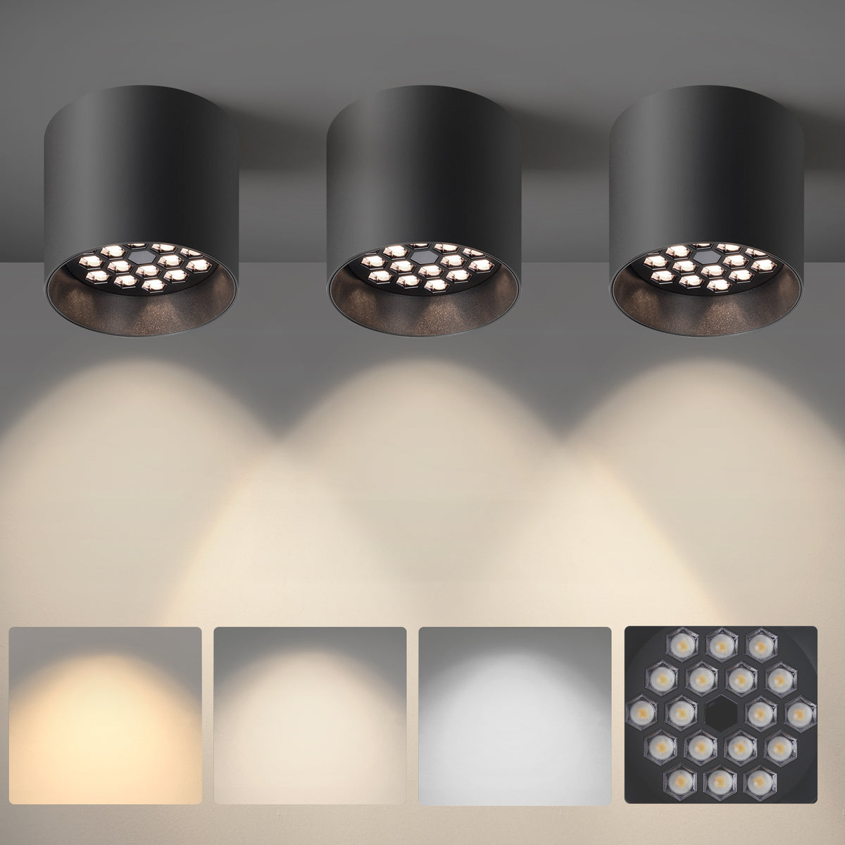 OKELI Surface-mount Cylinder Lights with Honeycomb Louver LED Downlights 3CCT Dimmable 3Pack