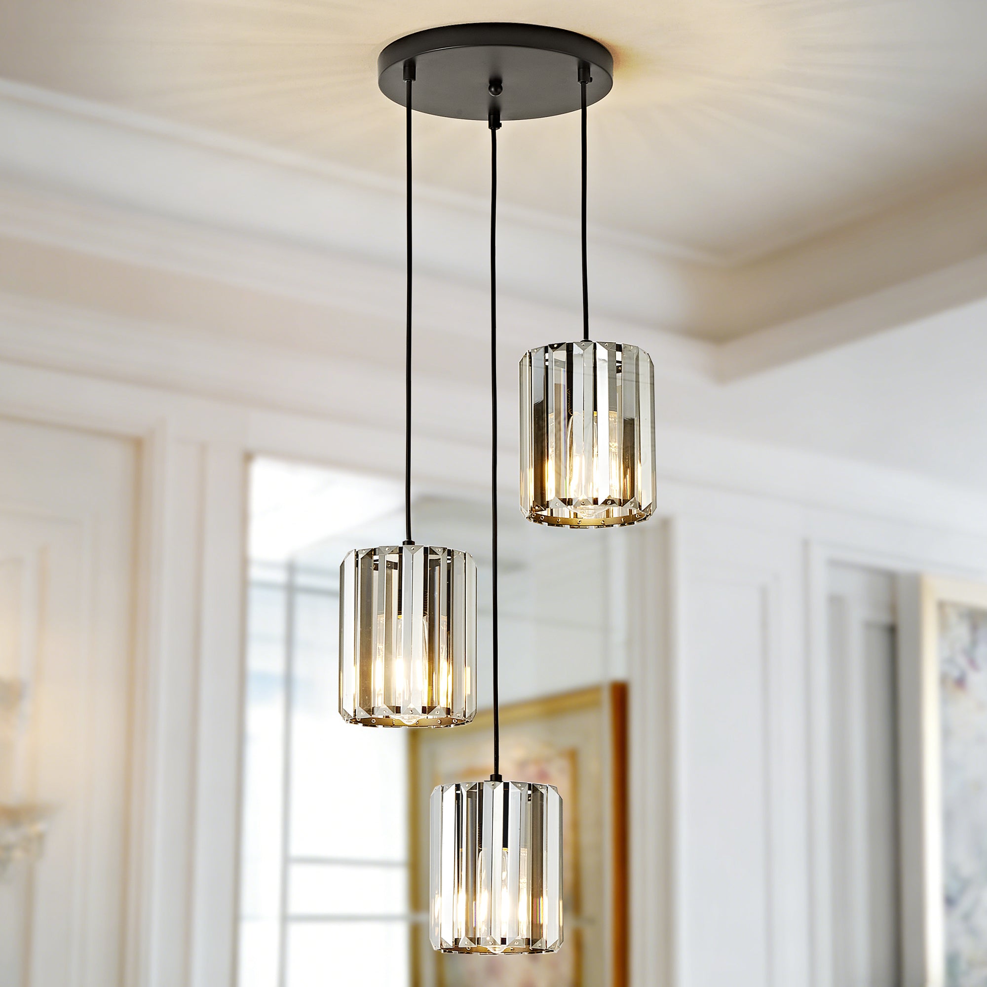 OKELI Modern Black Crystal Chandelier, 3/8-Light Long Crystal Pendant Light for High Ceilings Adjustable Hanging 3-light