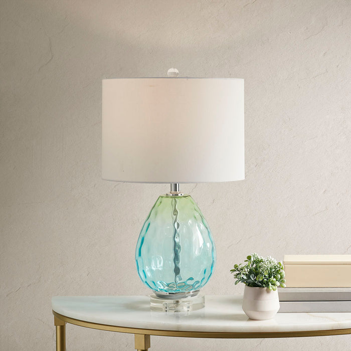 Ombre Glass Table Lamp with White Drum Shade Blue Green & Dark Blue Modern Accent Lamp