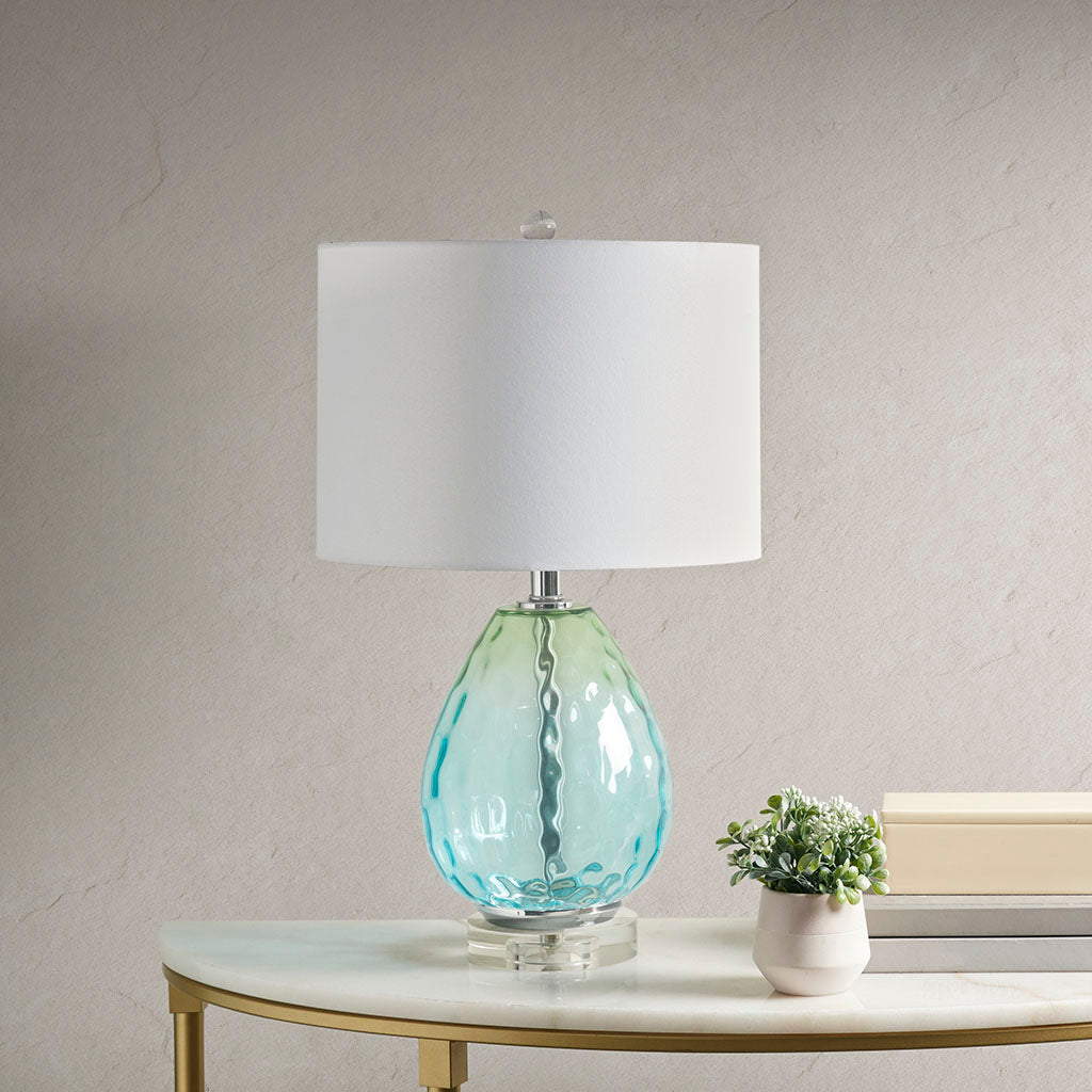 Ombre Glass Table Lamp with White Drum Shade Blue Green & Dark Blue Modern Accent Lamp