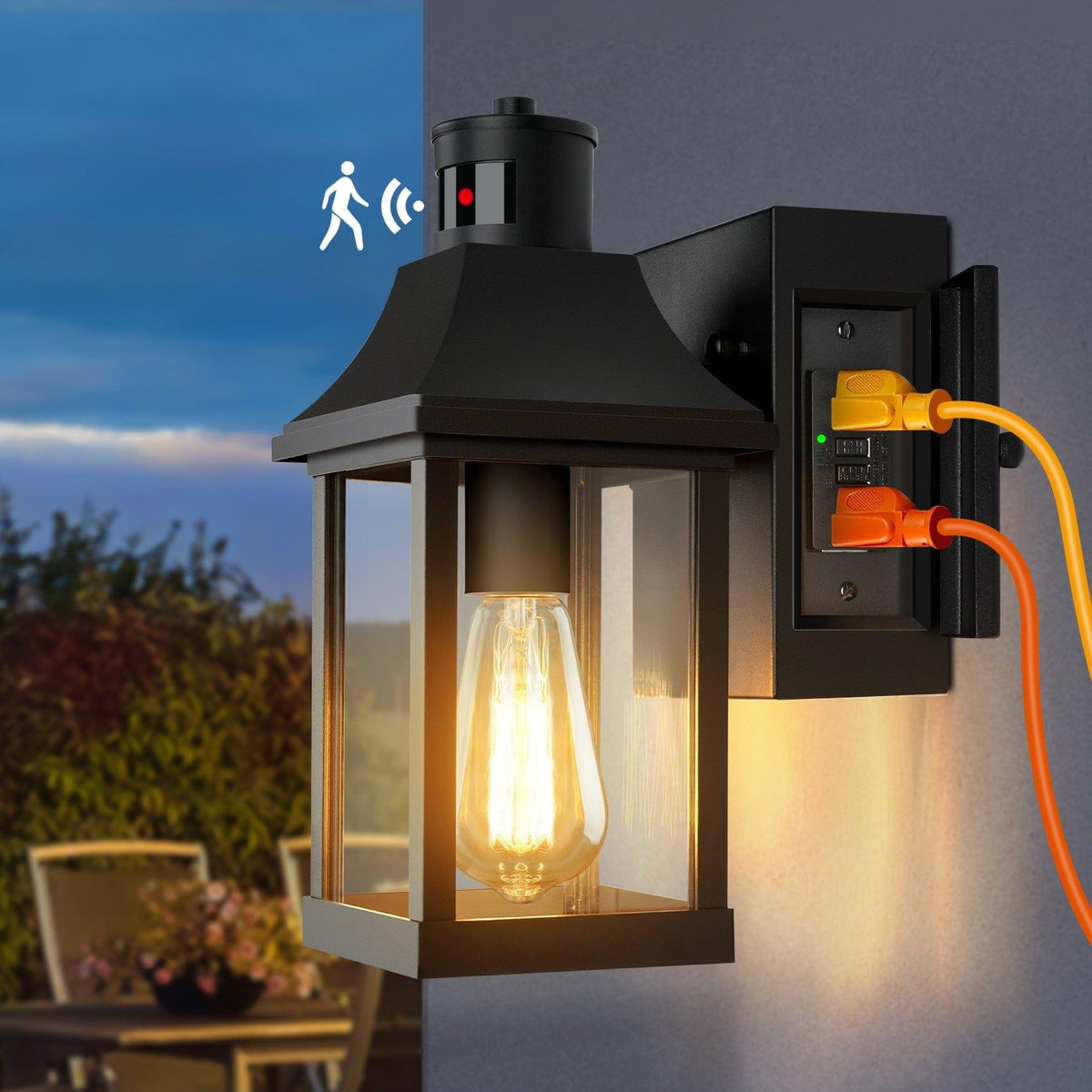 Outdoor Wall Lights with GFCI Outlet, Dusk to Dawn Motion Sensor