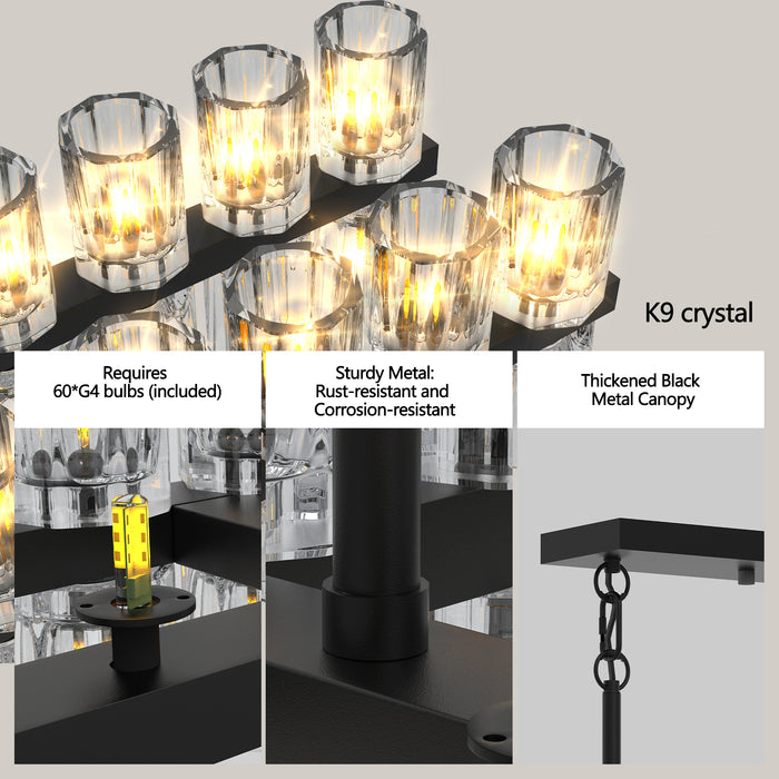 Rectangular Luxurious Crystal Chandelier for Living Room & Dining Room, Black Frame with K9 Crystals