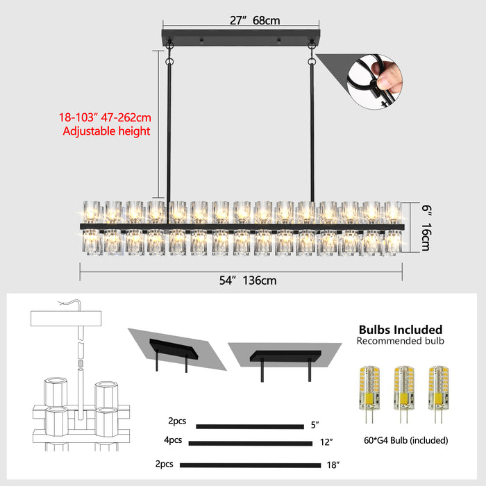 Rectangular Luxurious Crystal Chandelier for Living Room & Dining Room, Black Frame with K9 Crystals
