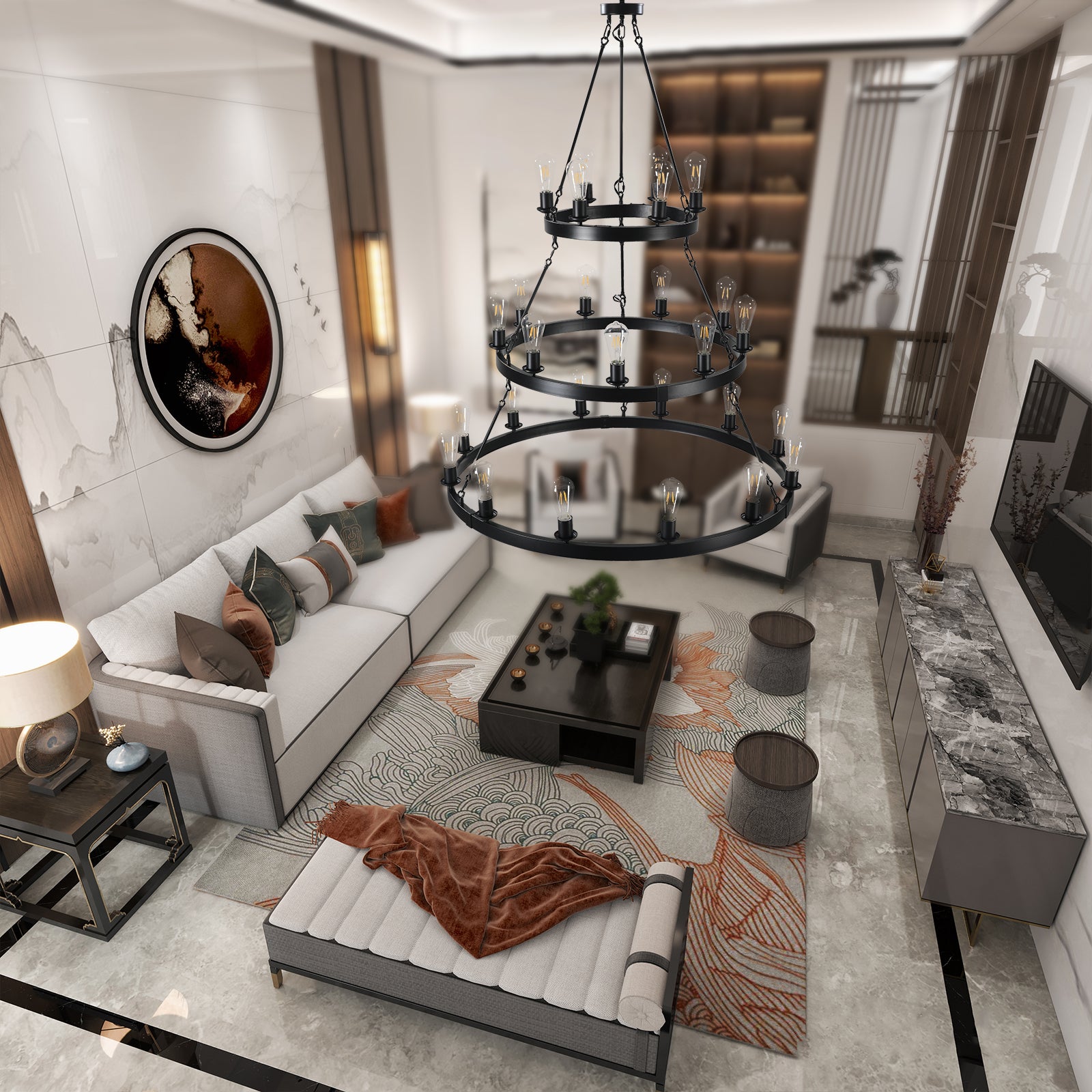 45" Retro Industrial Style 3-Layer Chandelier 27-Lights Black Farmhouse Pendant