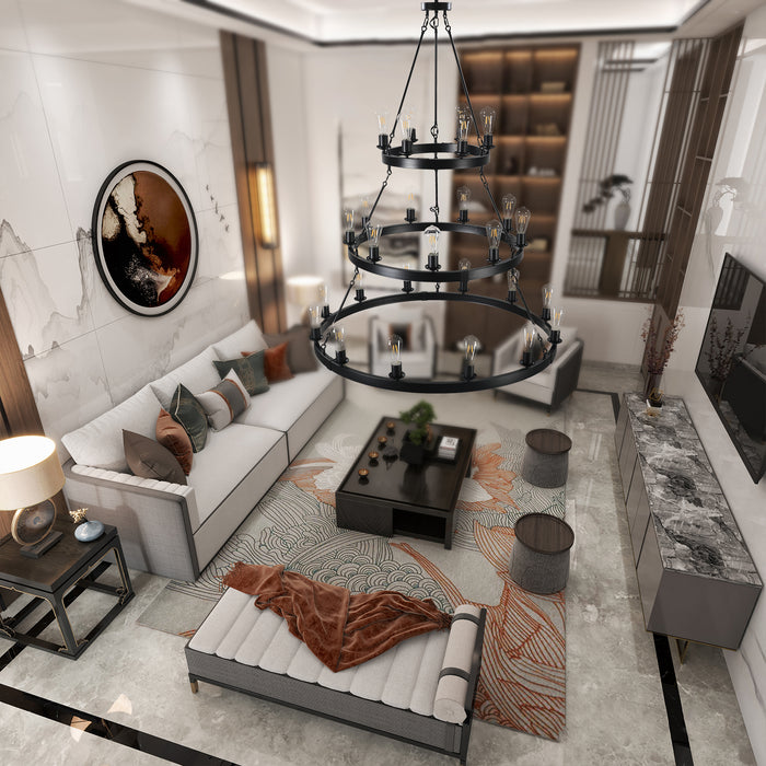 45" Retro Industrial Style 3-Layer Chandelier 27-Lights Black Farmhouse Pendant