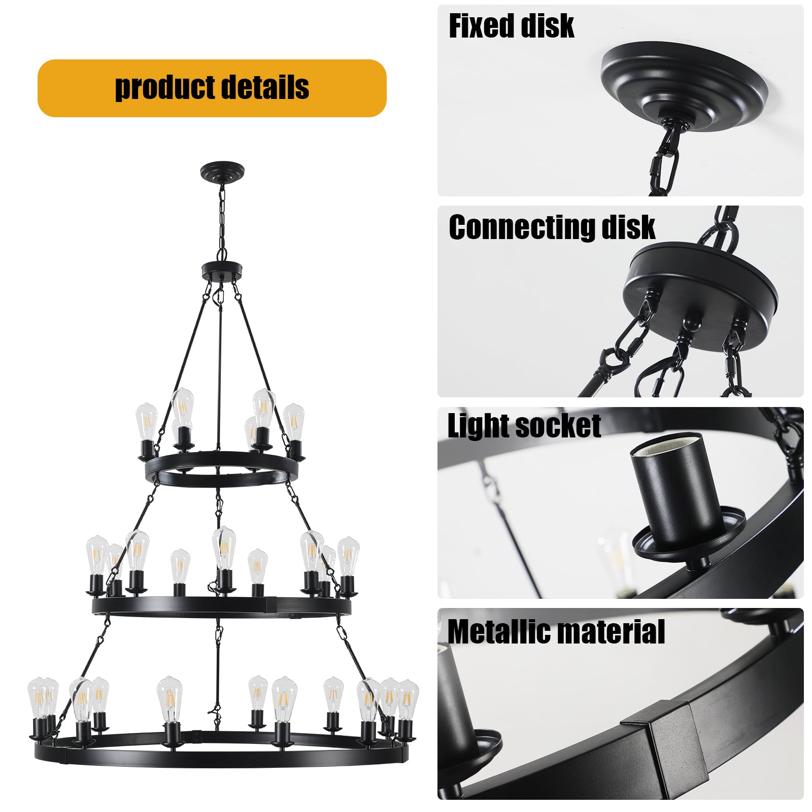 45" Retro Industrial Style 3-Layer Chandelier 27-Lights Black Farmhouse Pendant