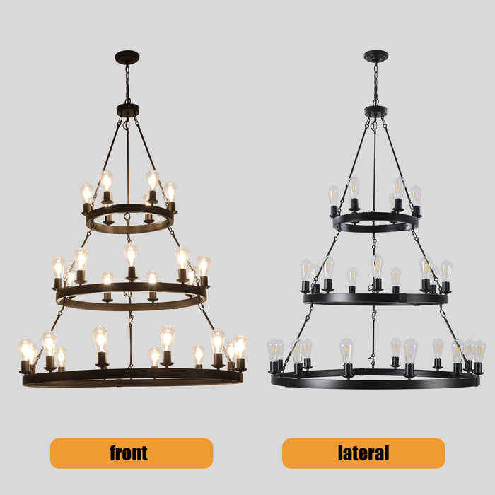 45" Retro Industrial Style 3-Layer Chandelier 27-Lights Black Farmhouse Pendant