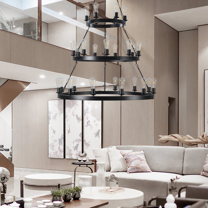 45" Retro Industrial Style 3-Layer Chandelier 27-Lights Black Farmhouse Pendant