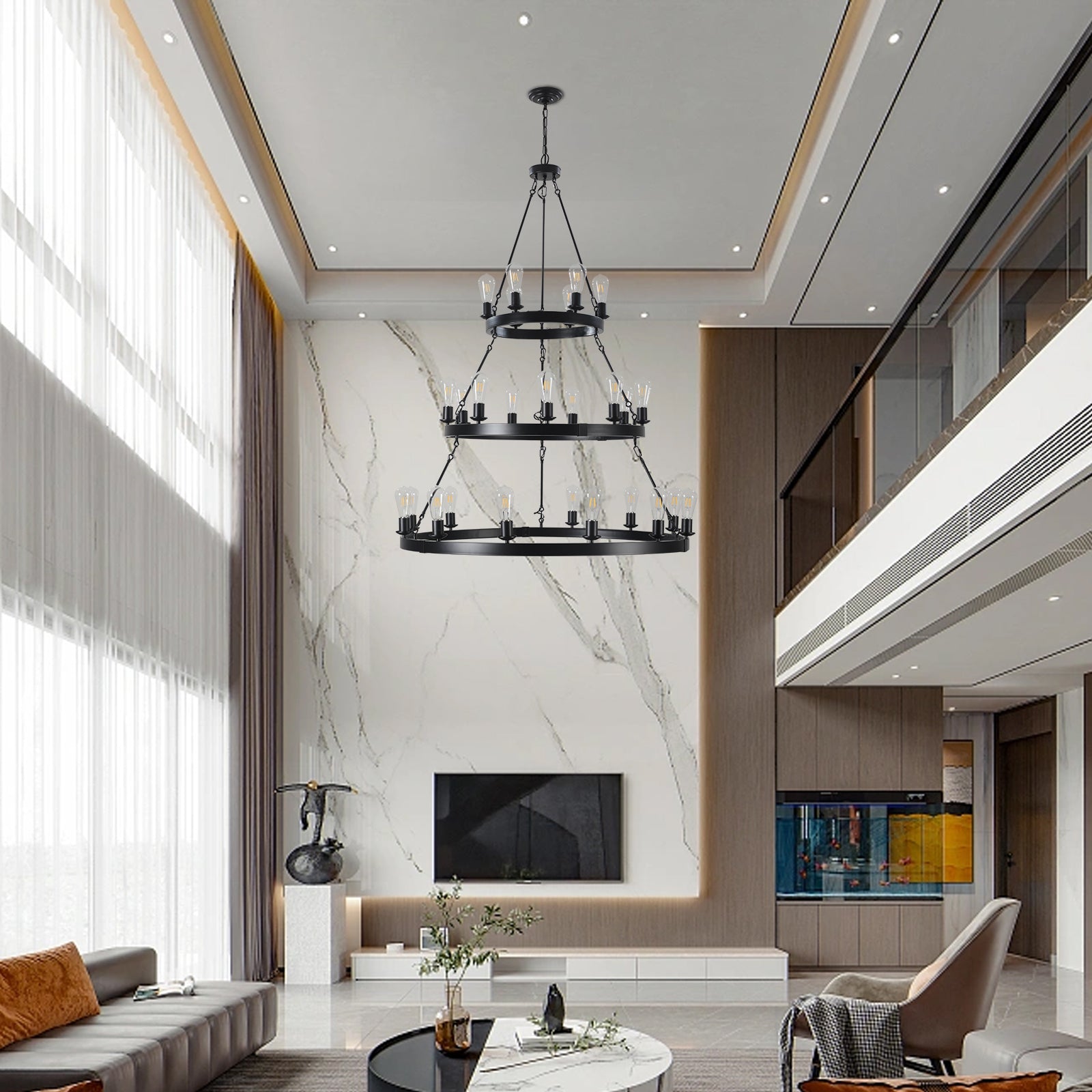45" Retro Industrial Style 3-Layer Chandelier 27-Lights Black Farmhouse Pendant