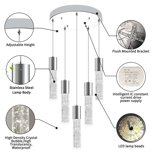 Bubble Crystal Island Pendant Light Round 5-Light Fixture Adjustable - okeli lights