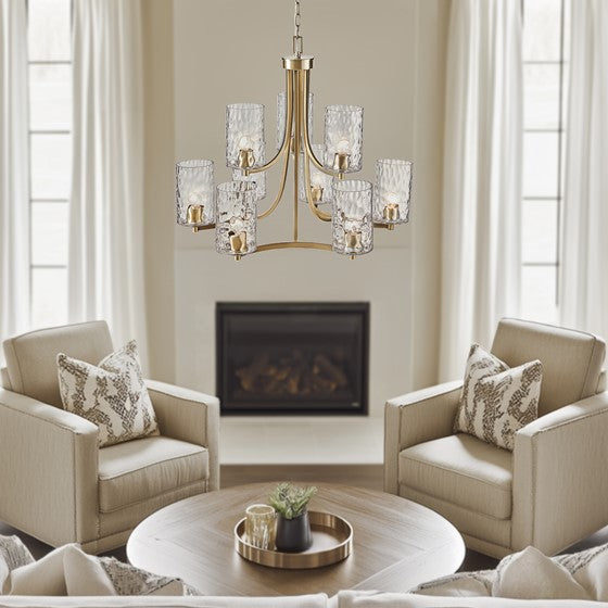 9-light Chandelier Round Tiered with Textured Glass Shades