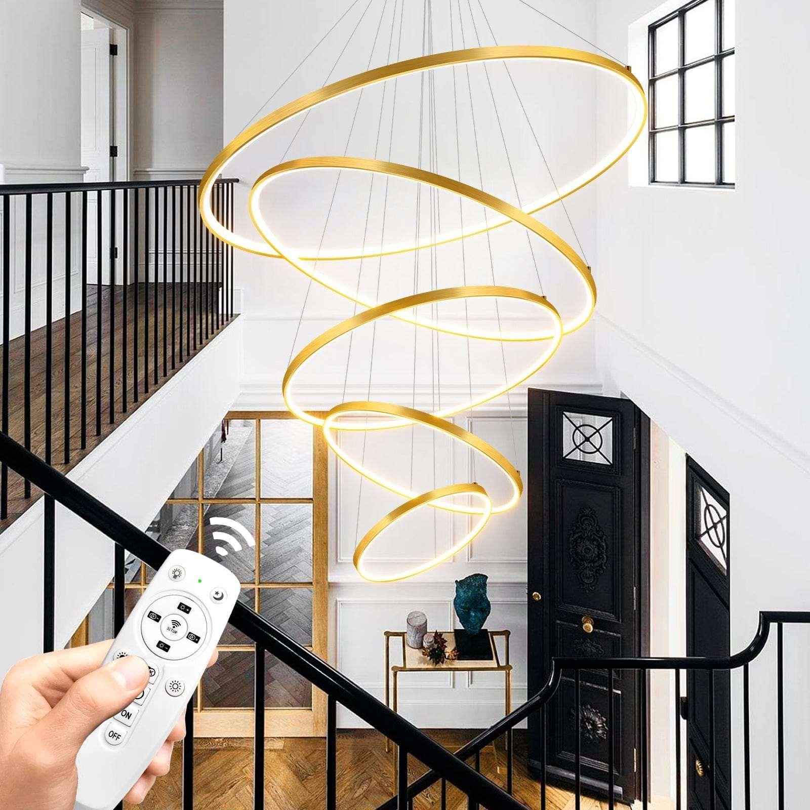 OKELI Modern LED 5 Rings Gold Large Chandelier, Dimmable High Ceiling Foyer Chandelier Light Fixtures - okeli lights