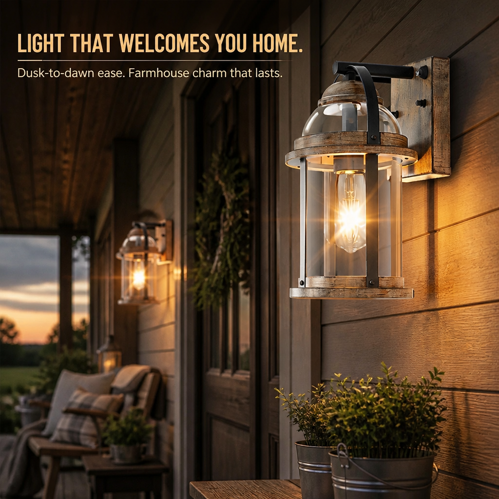 Rustic Farmhouse Exterior Wall Lantern, Dusk-to-Dawn Outdoor Wall Light with Glass Shades, Waterproof, Wood Grain, Black/Gold & Brown, 1-Pack & 2-Pack