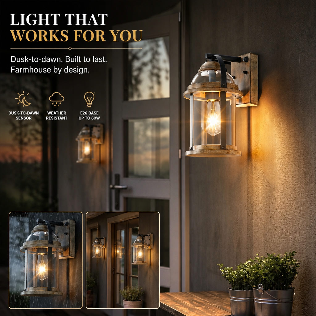 Rustic Farmhouse Exterior Wall Lantern, Dusk-to-Dawn Outdoor Wall Light with Glass Shades, Waterproof, Wood Grain, Black/Gold & Brown, 1-Pack & 2-Pack