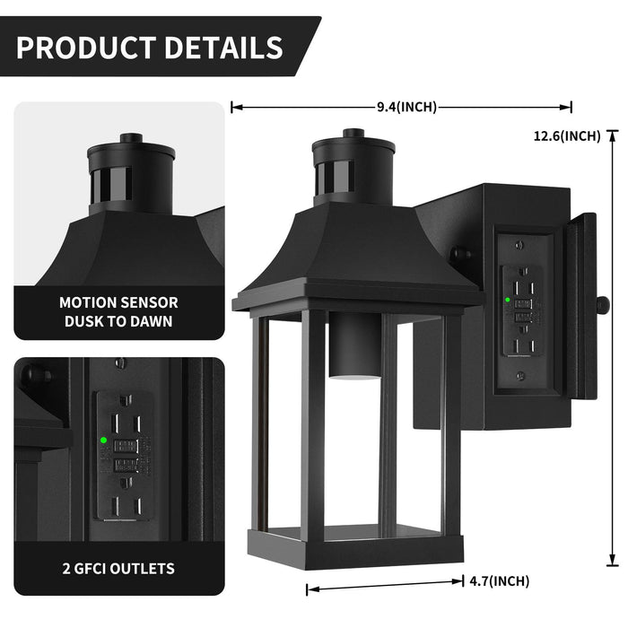 thumbnail image 2 of EDISHINE Outdoor Motion Sensor Porch Light With 2 GFCI Outlets – Dusk To Dawn, Modern Black Sconce, 2023 Model 2 of 6