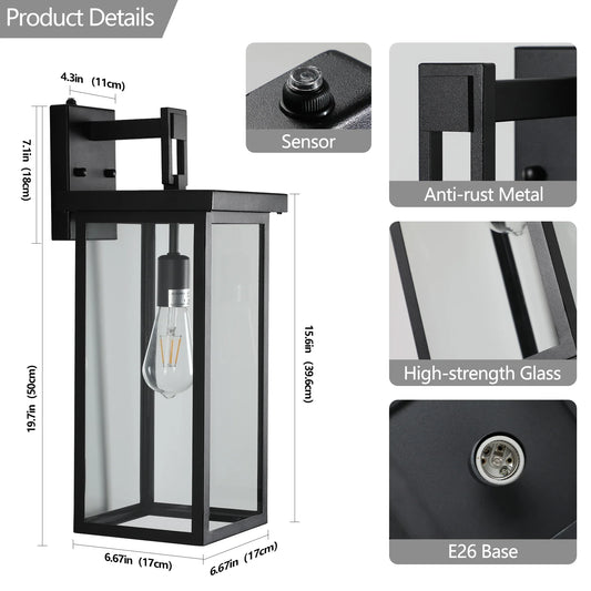 Outdoor Wall Lanterns Black Metal Frame Clear Glass Ambient Light Sensors Weatherproof Wall Sconces 2Pack - okeli lights