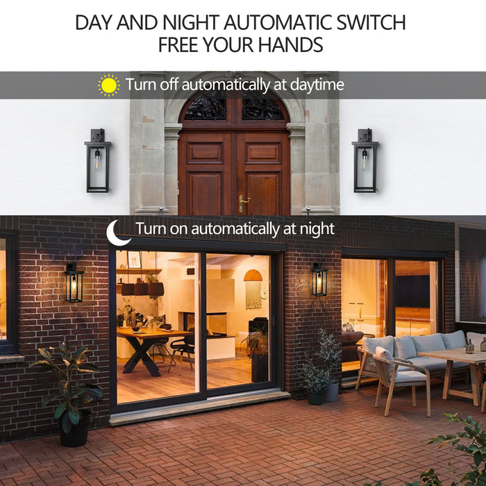 Outdoor Wall Lanterns Black Metal Frame Clear Glass Ambient Light Sensors Weatherproof Wall Sconces 2Pack - okeli lights