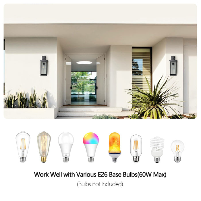 Outdoor Wall Lanterns Black Metal Frame Clear Glass Ambient Light Sensors Weatherproof Wall Sconces 2Pack - okeli lights