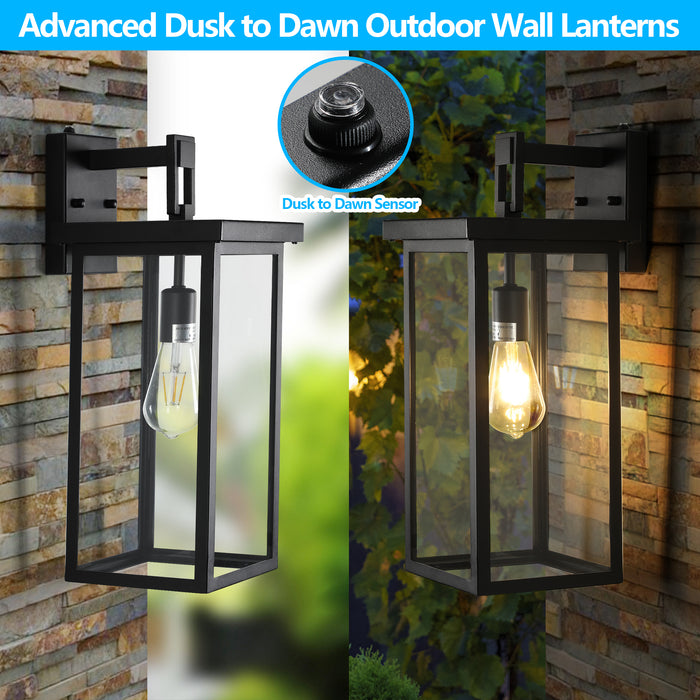 Outdoor Wall Lanterns Black Metal Frame Clear Glass Ambient Light Sensors Weatherproof Wall Sconces 2Pack - okeli lights