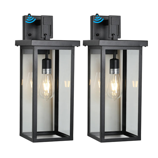 Outdoor Wall Lanterns Black Metal Frame Clear Glass Ambient Light Sensors Weatherproof Wall Sconces 2Pack - okeli lights