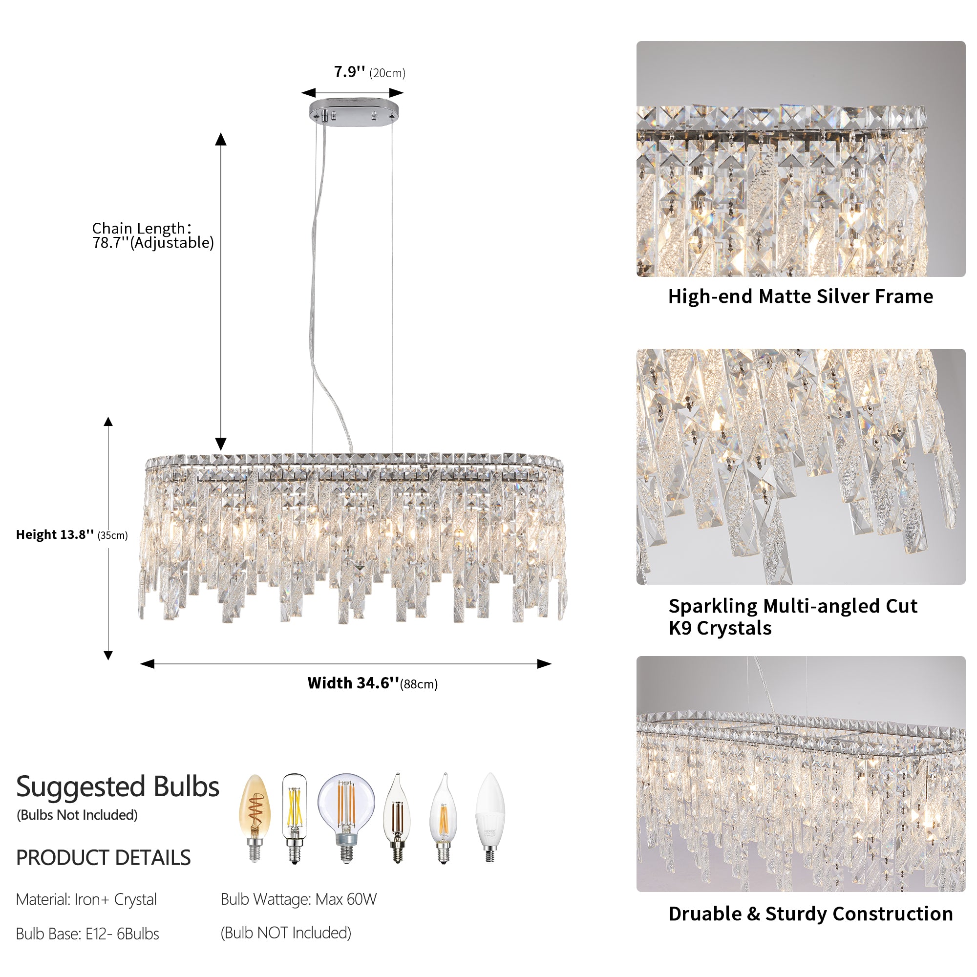 Crystal Chandelier Modern Ceiling Light Fixture Silver Elegant Oval with Reflective Hanging Crystals