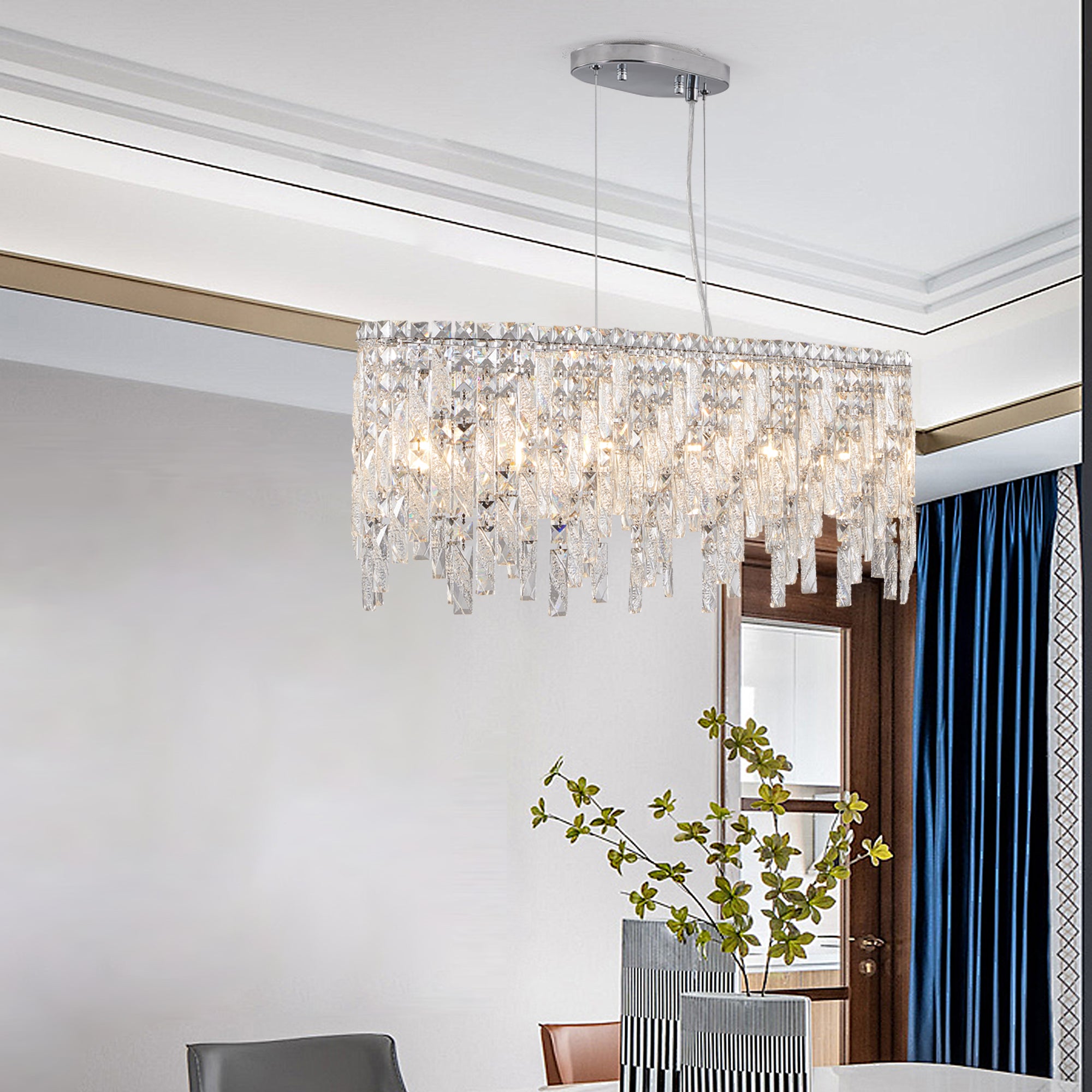 Crystal Chandelier Modern Ceiling Light Fixture Silver Elegant Oval with Reflective Hanging Crystals