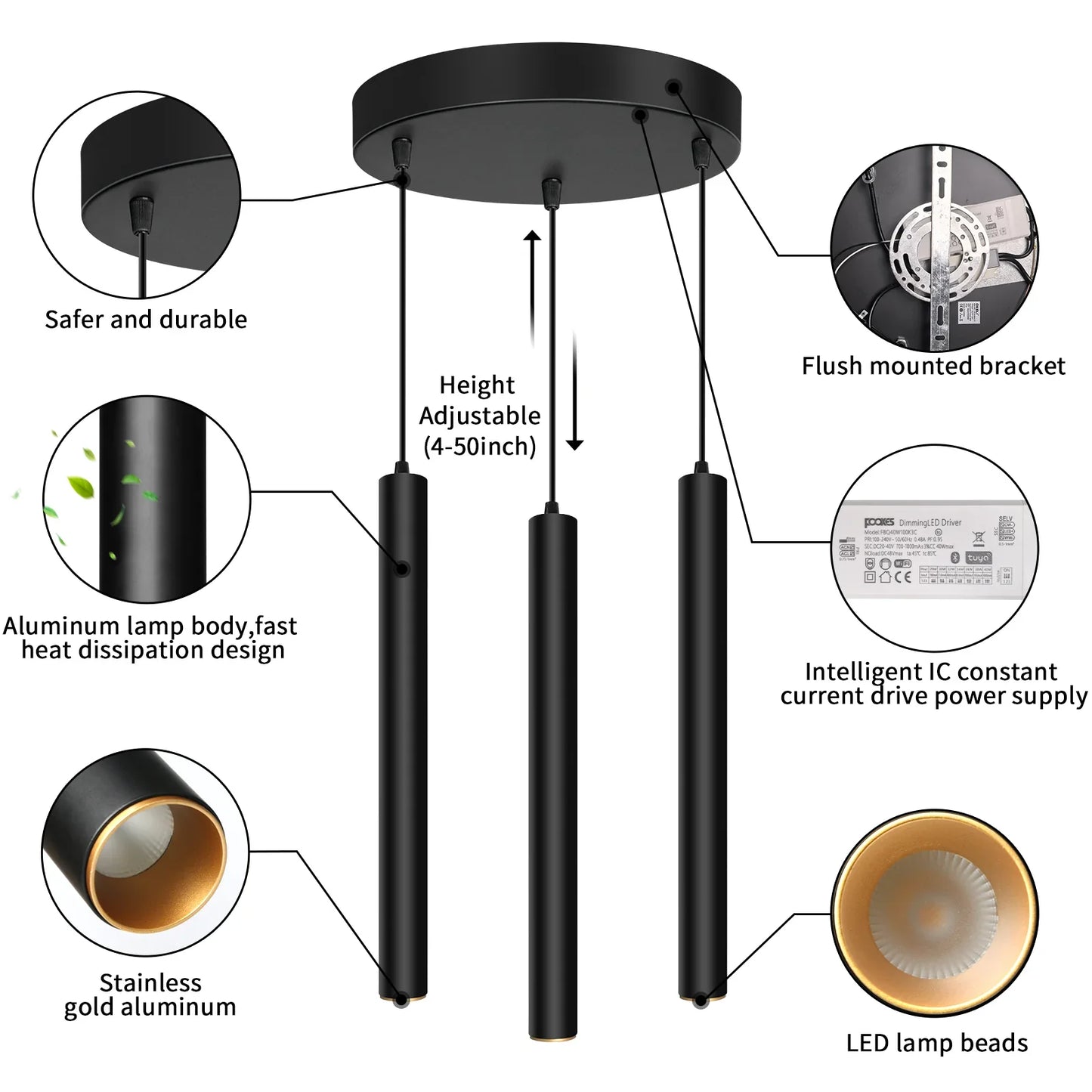 Smart Dimmable LED Round 3-Light Pendant Light with TUYA App & Voice Control - okeli lights