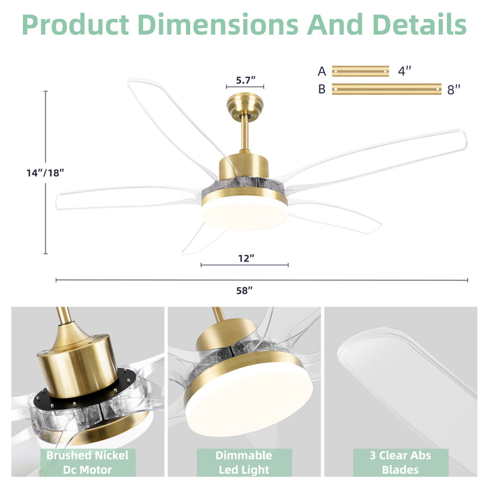 Gold ceiling fan with clear blades for indoor use