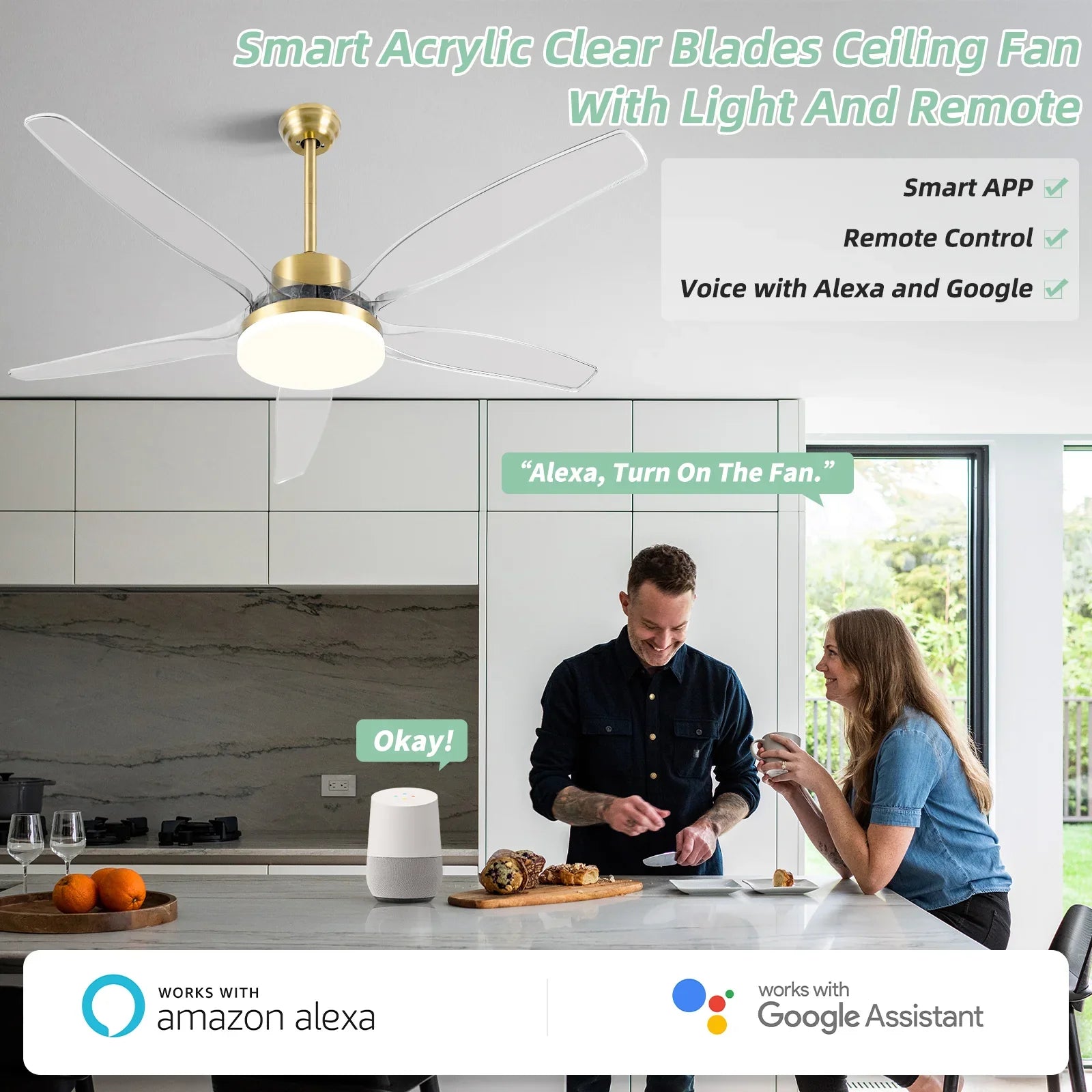 Smart Ceiling Fan with Light Modern Clear Blades Gold Reversible Dimmable LED - okeli lights