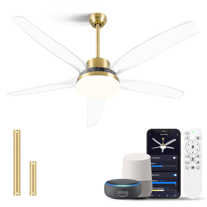 A modern smart ceiling fan with clear blades and a gold reversible dimmable LED light, displayed in a living room setting.
