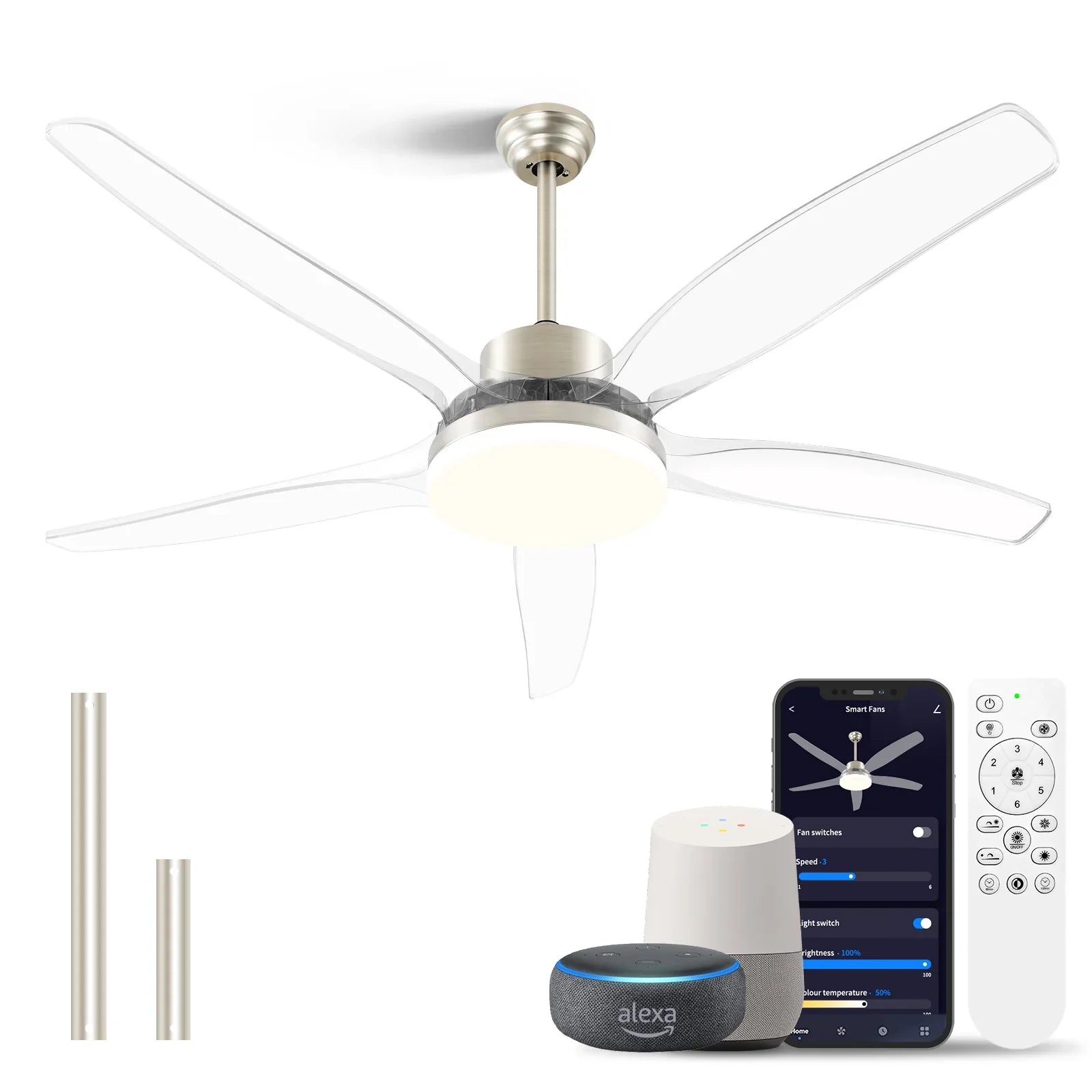 Smart Ceiling Fan with Light Modern Clear Blades Gold Reversible Dimmable LED - okeli lights