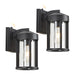Two black outdoor wall lights with clear glass shades on a white background