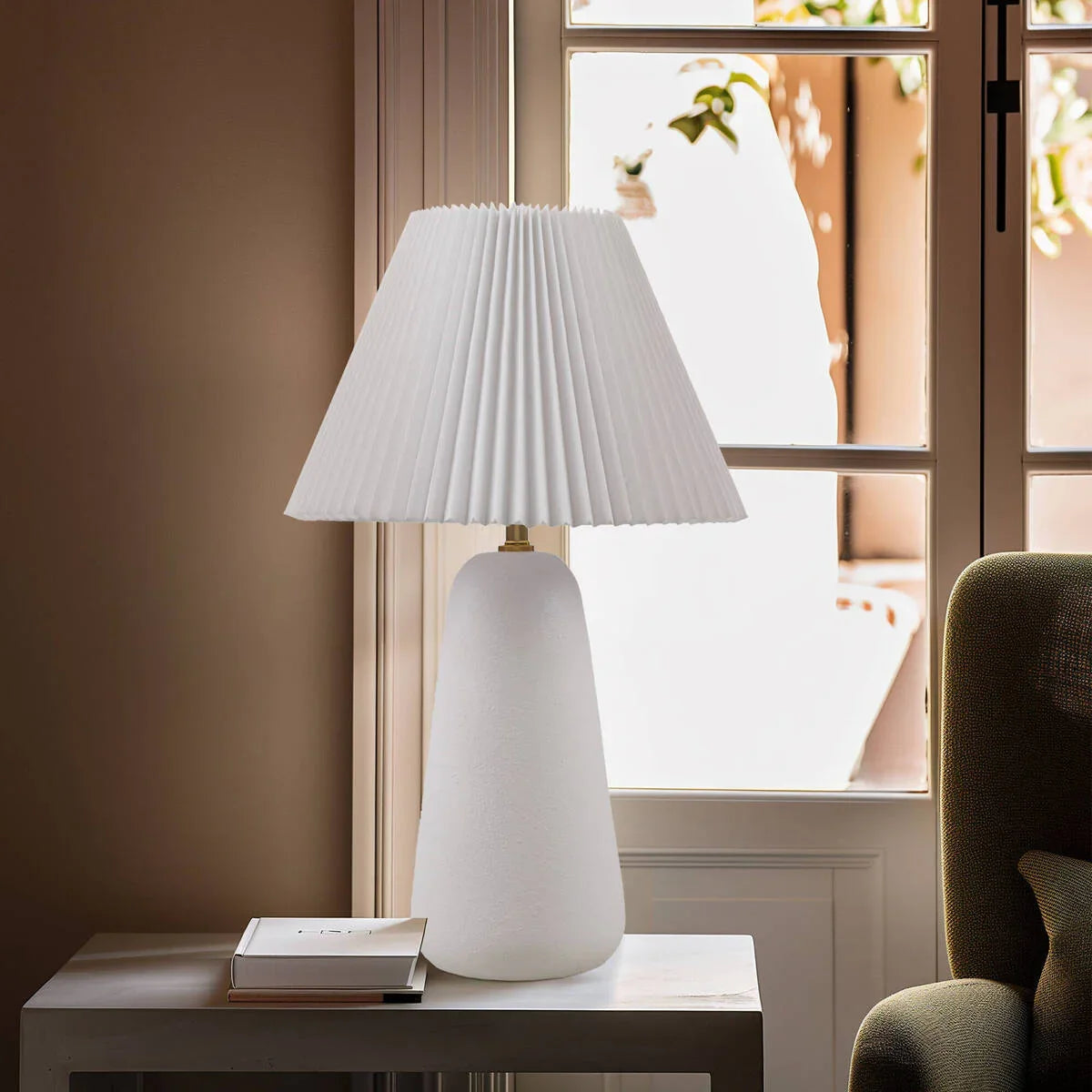 Textured Ceramic Table Lamp with Fluted Fabric Shade White - okeli lights